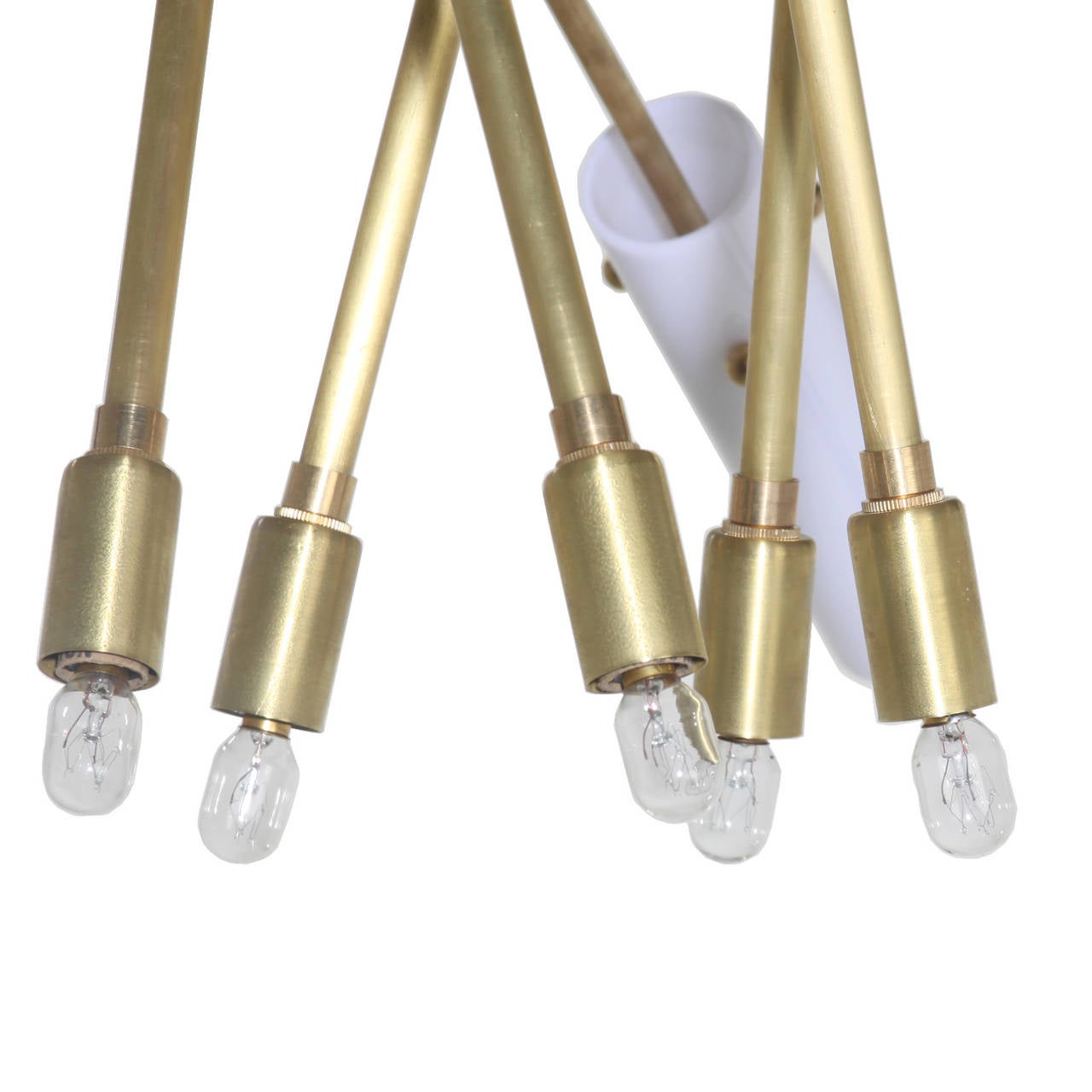 A Brass chandelier featuring five exposed bulbs and five bulbs with white glass tubular covers on adjustable, jointed arms. The adjustable arms affect the overall diameter and shape of the chandelier, the shortest hanging height is 29
