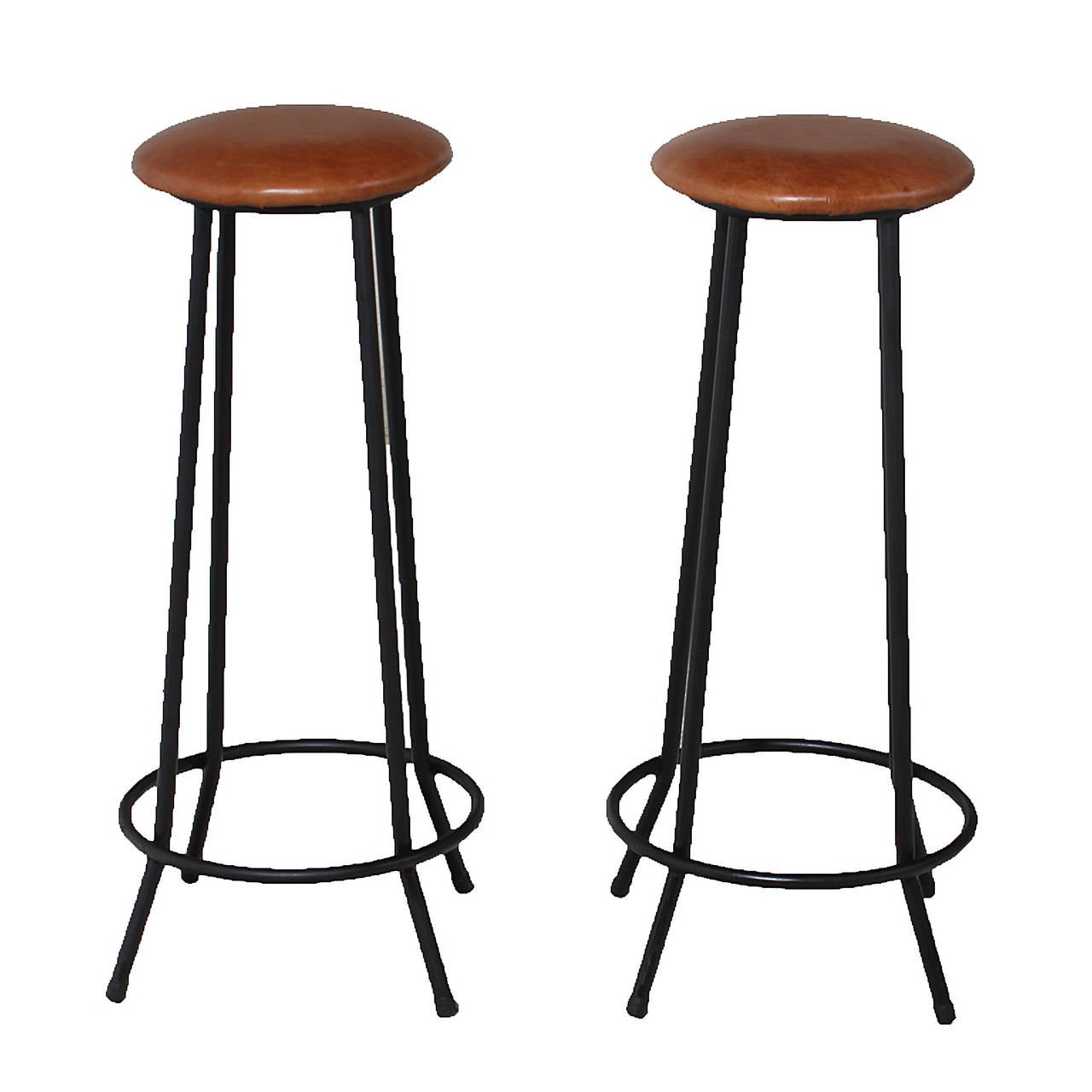 American Midcentury Iron and Leather Stools with Straight and Splayed Legs For Sale