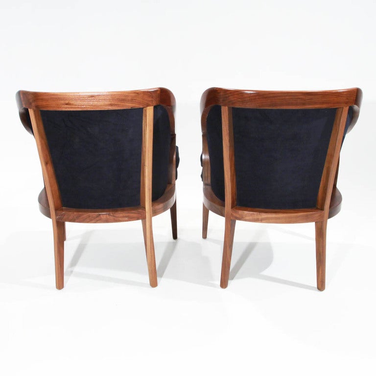 American Mid-Century Harry Lunstead Walnut Sculptural Armchairs in Navy Mohair For Sale