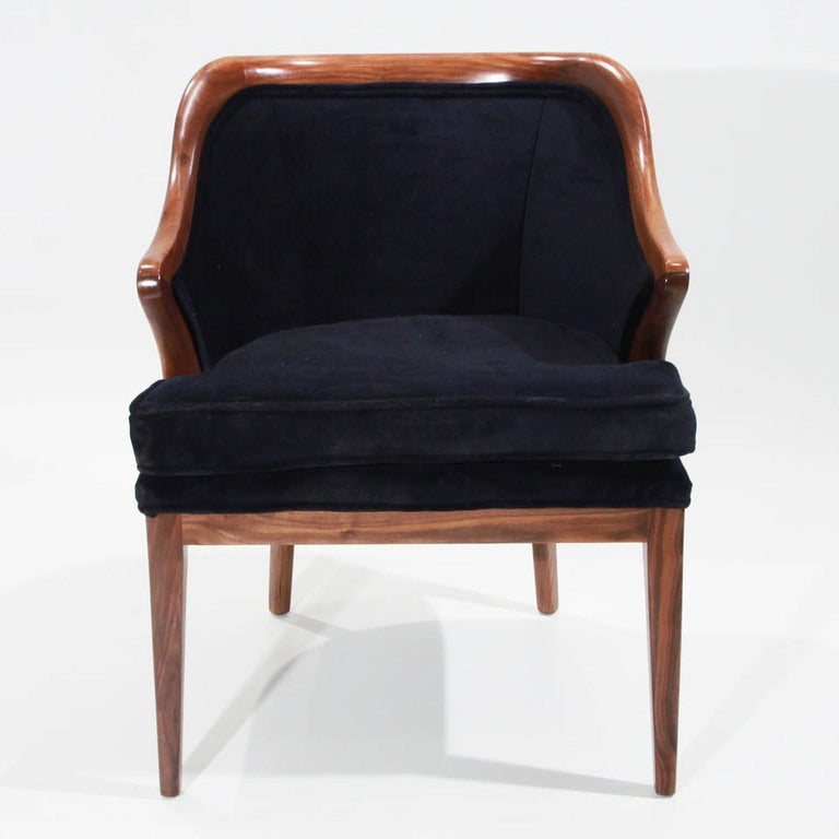 Mid-20th Century Mid-Century Harry Lunstead Walnut Sculptural Armchairs in Navy Mohair For Sale