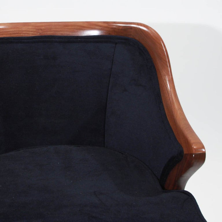 Mid-Century Harry Lunstead Walnut Sculptural Armchairs in Navy Mohair For Sale 3