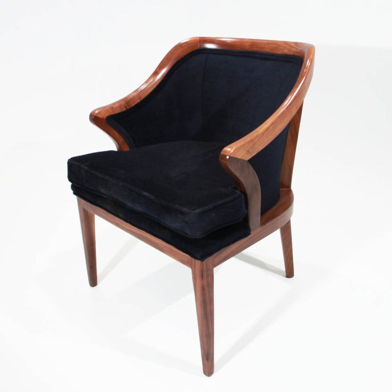 Mid-Century Harry Lunstead Walnut Sculptural Armchairs in Navy Mohair For Sale 1