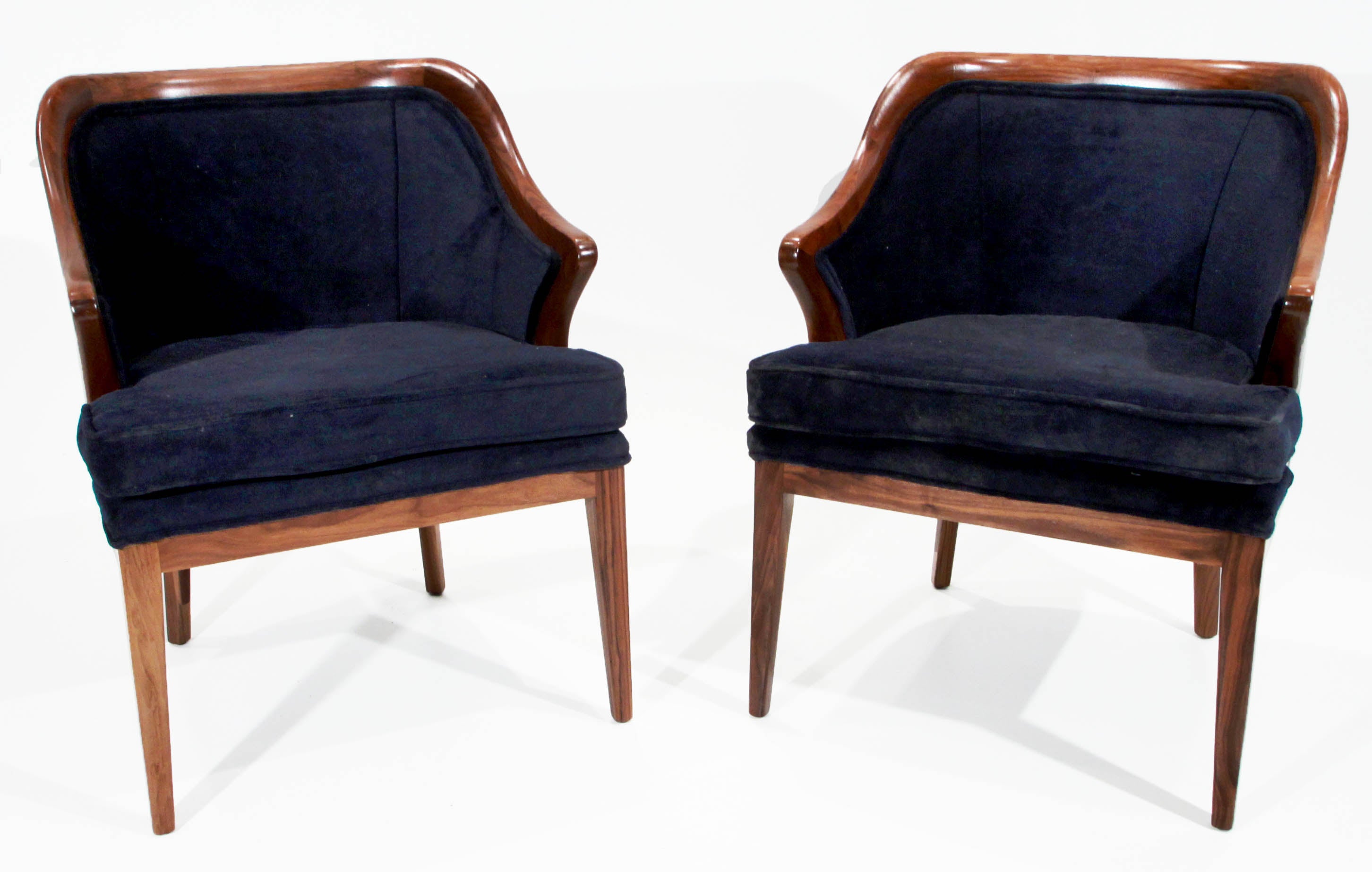 Mid-Century Harry Lunstead Walnut Sculptural Armchairs in Navy Mohair For Sale