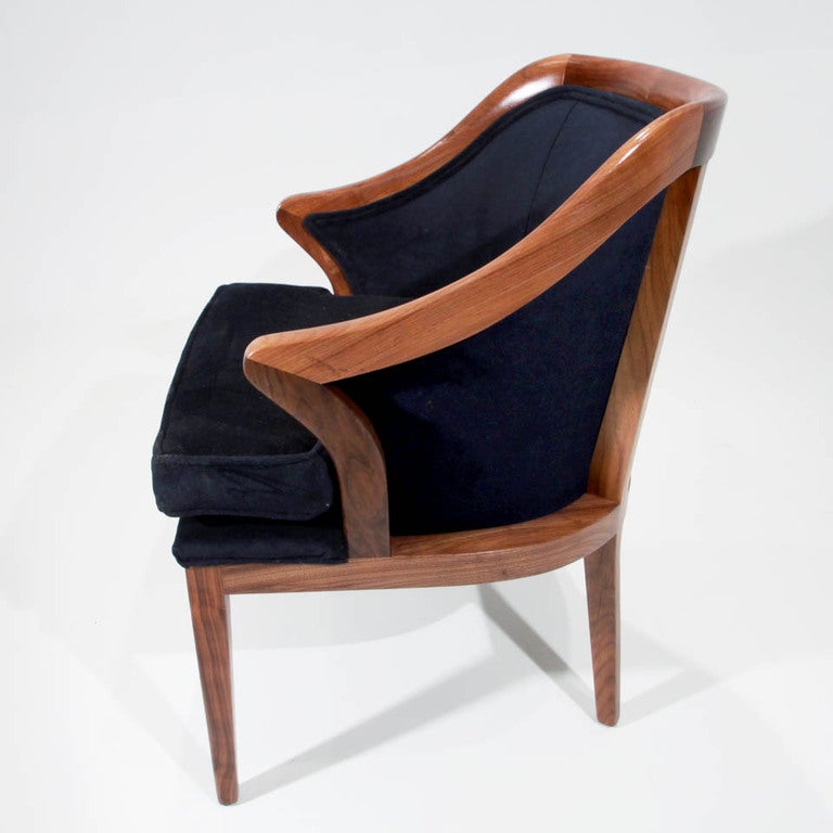 Mid-Century Harry Lunstead Walnut Sculptural Armchairs in Navy Mohair For Sale 2