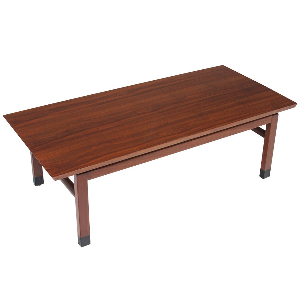 Dunbar Mid-Century Modern Walnut Coffee Table with Leather Tipped Feet  For Sale
