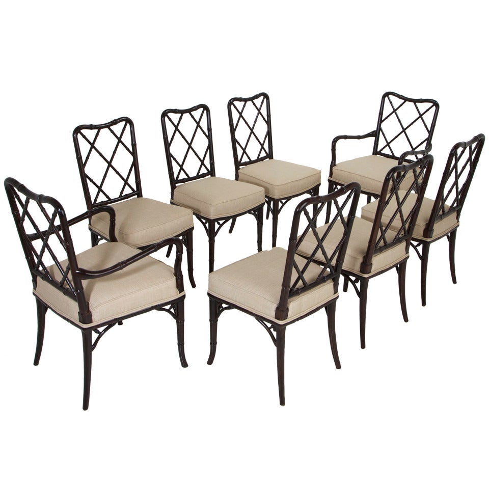 Set of Eight Bamboo and Linen Dining Chairs