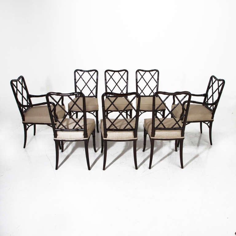 American Set of Eight Bamboo and Linen Dining Chairs