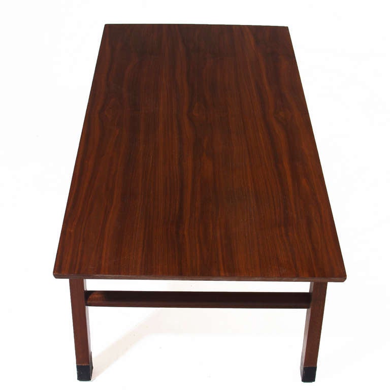 Mid-20th Century Dunbar Mid-Century Modern Walnut Coffee Table with Leather Tipped Feet  For Sale
