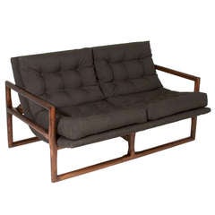 Solid Oak & Charcoal Fabric Sofa Attributed To Milo Baughman