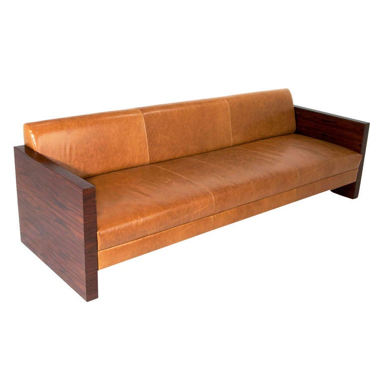 Milo Baughman Rosewood Side Sofa With Caramel Leather Upholstery