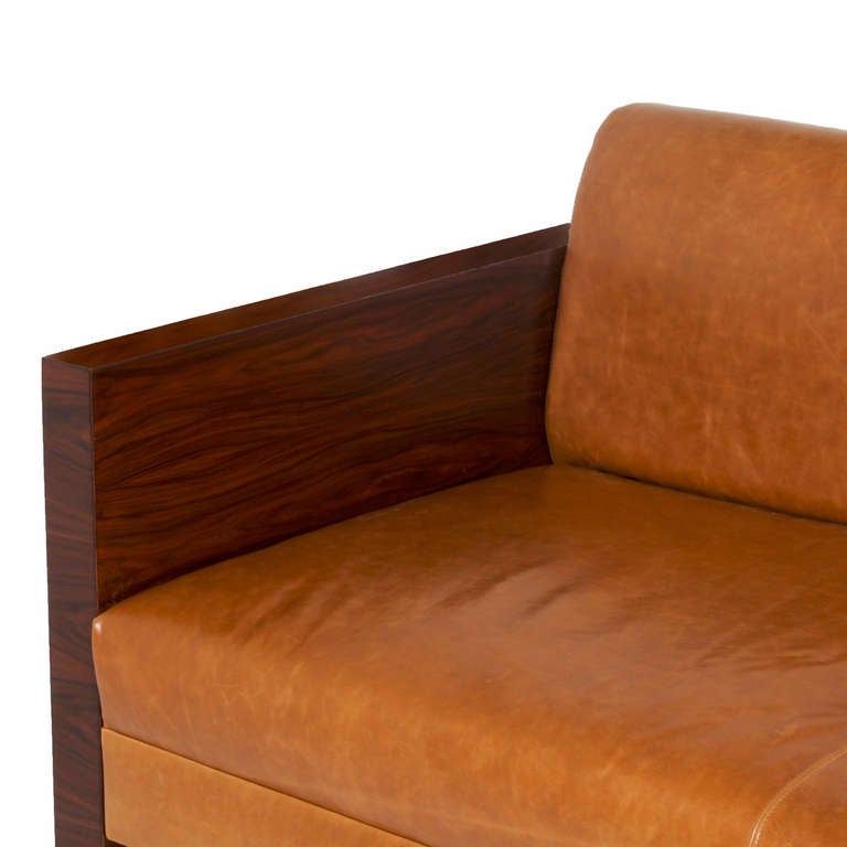 Milo Baughman Rosewood Side Sofa With Caramel Leather Upholstery 2