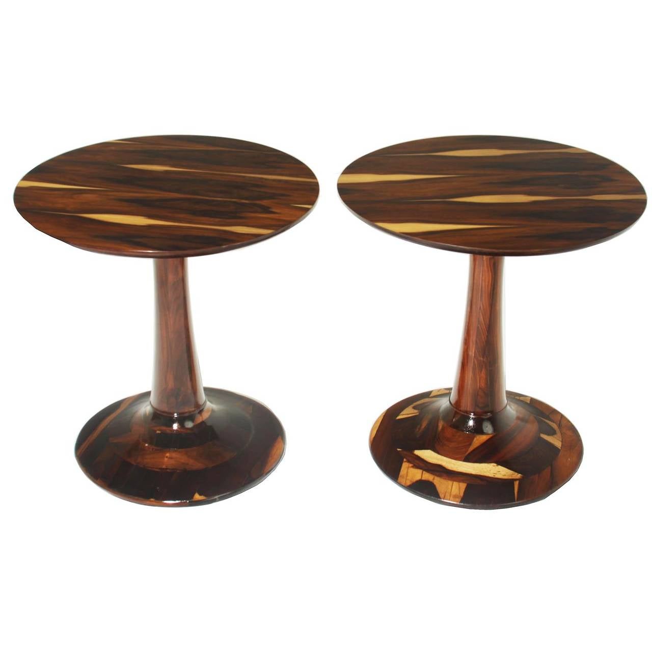 Pair of unique, solid stack laminate Brazilian Rosewood tables by Liceu de Artes Oficios. 

Many pieces are stored in our warehouse, so please click on CONTACT DEALER under our logo below to find out if the pieces you are interested in seeing are