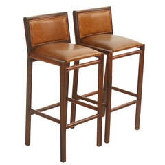 Pair of 2 Solid Bar Stools with Burnt Caramel Leather by Celina