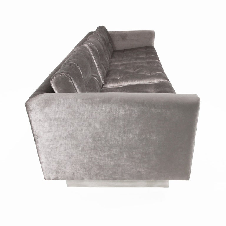 American Milo Baughman tufted silver silk velvet and chrome base sofa