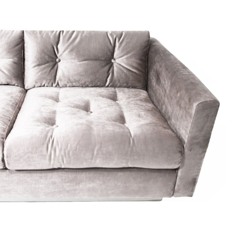 Chrome Milo Baughman tufted silver silk velvet and chrome base sofa
