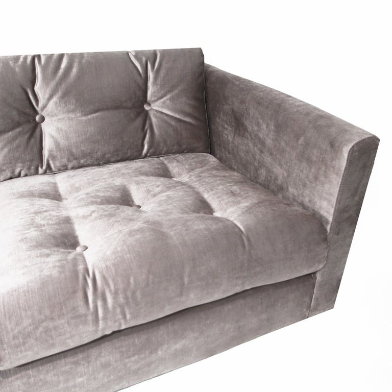 Milo Baughman tufted silver silk velvet and chrome base sofa 1