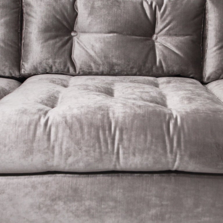 Milo Baughman tufted silver silk velvet and chrome base sofa 2