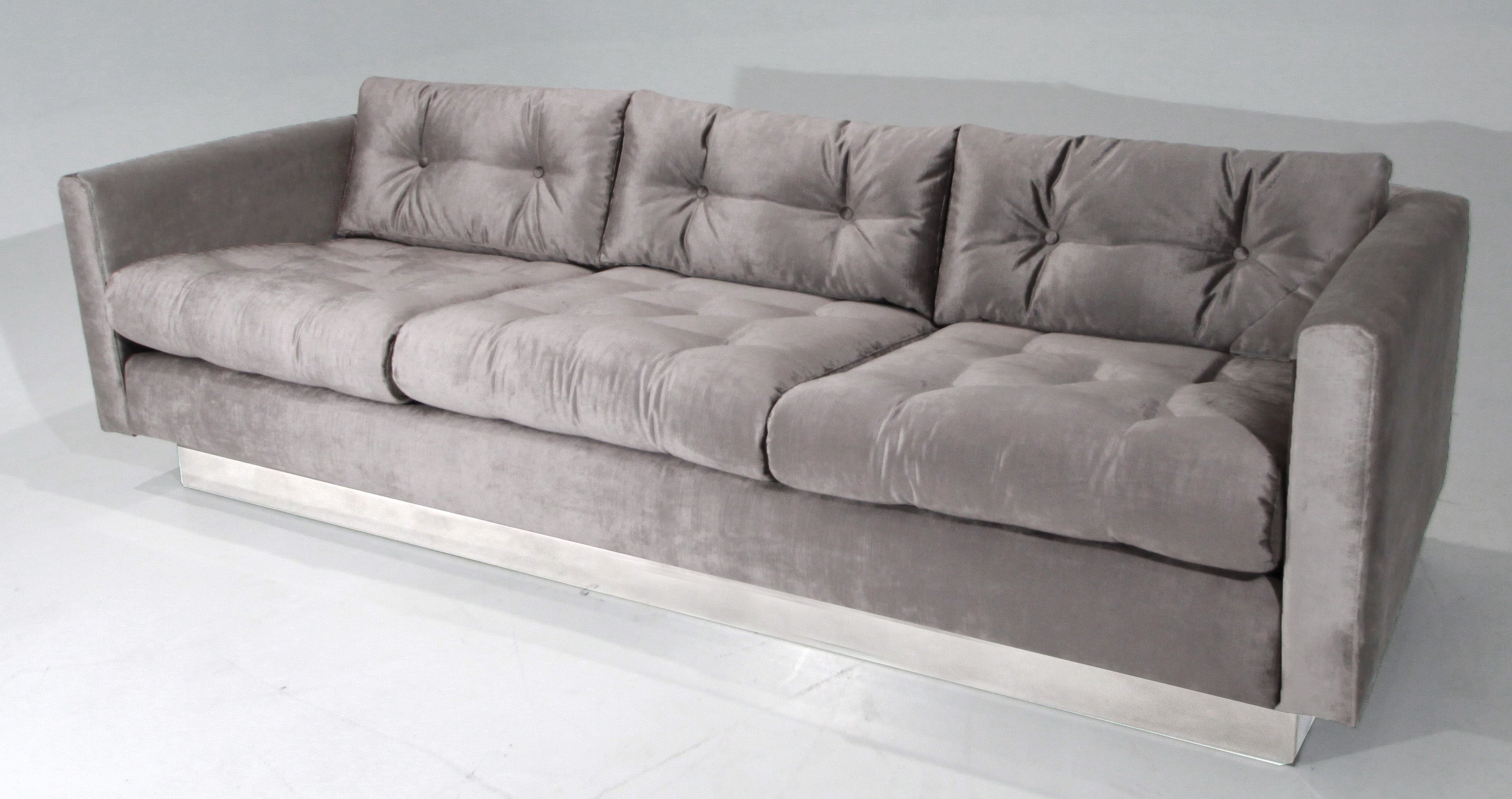 Milo Baughman tufted silver silk velvet and chrome base sofa