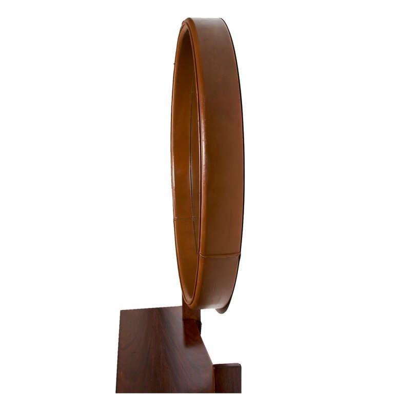 Round Leather Mirror Freijo Wood Shelf from Brazil by Jorge Zalzupin In Good Condition In Hollywood, CA