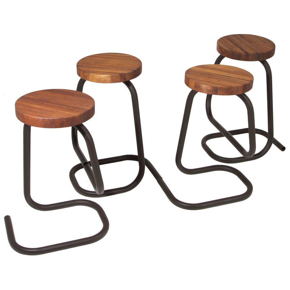 Midcentury Bronze and Walnut Bar Stools For Sale