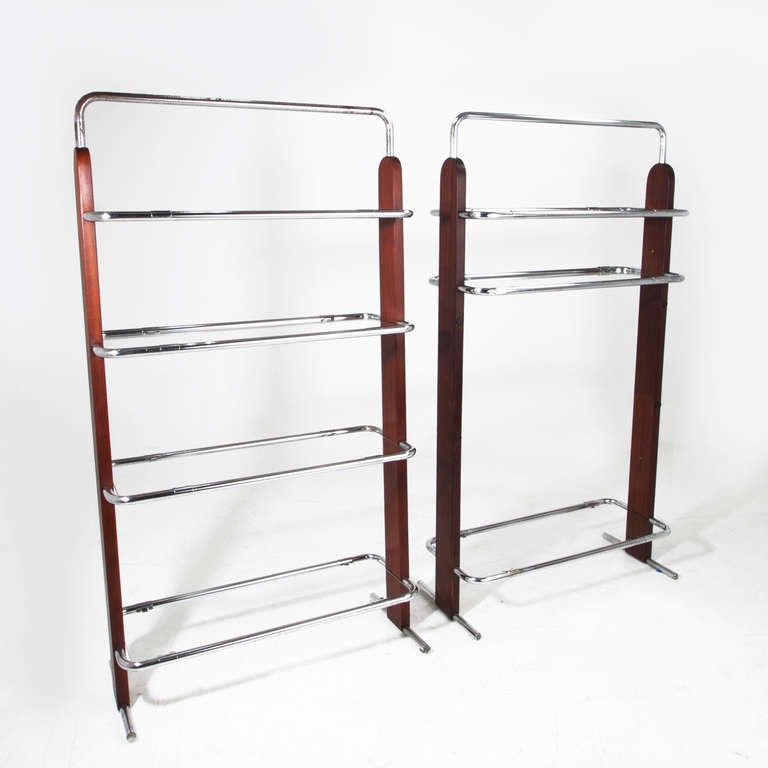 Pair of Brazilian Brauna Wood, Chrome and Glass Bookshelves In Good Condition For Sale In Los Angeles, CA