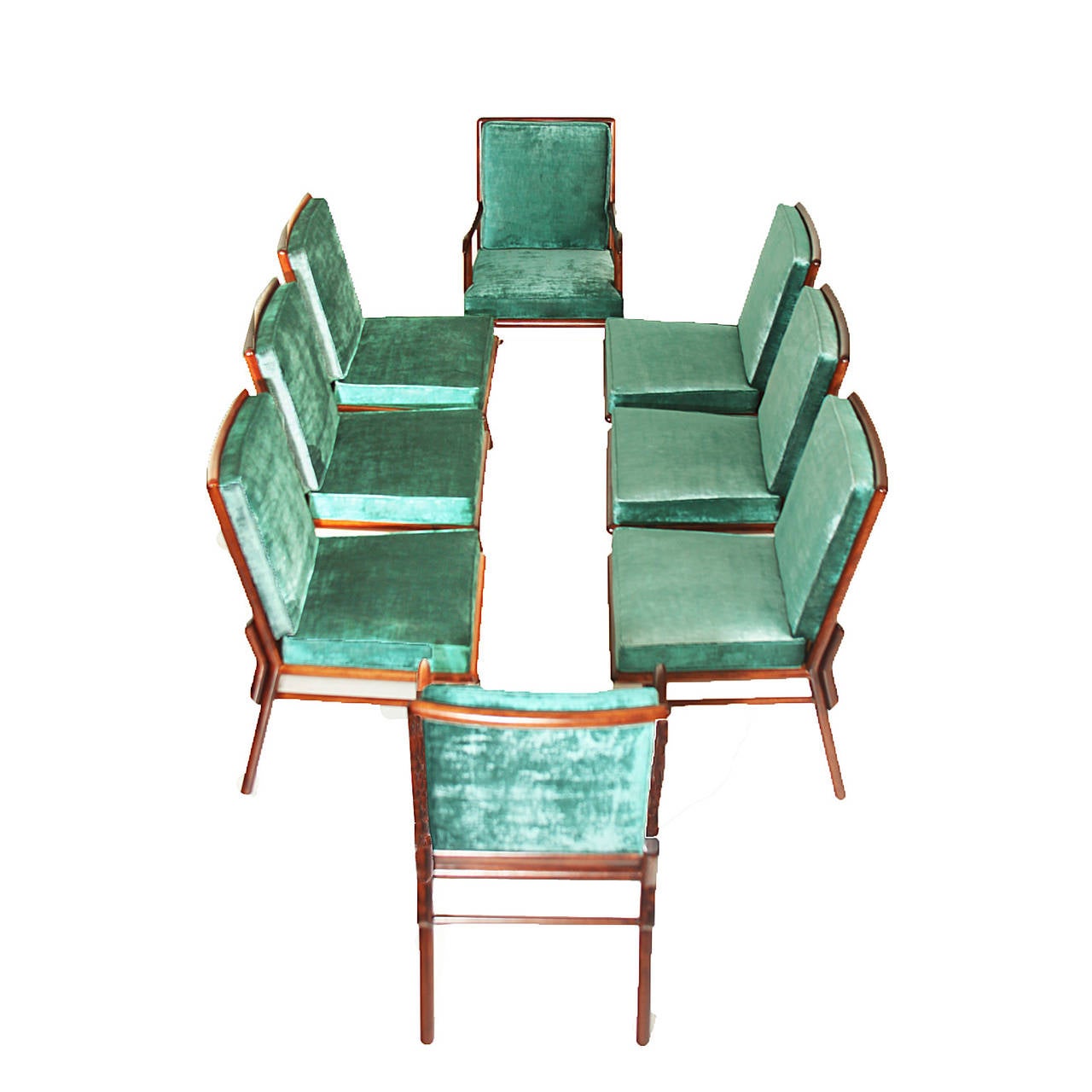 A set of eight Robsjohn Gibbings dining chairs for Widdicomb in a solid walnut upholstered in a velvet teal.

Many pieces are stored in our warehouse, so please click CONTACT DEALER to find out if the pieces you are interested in seeing are on the