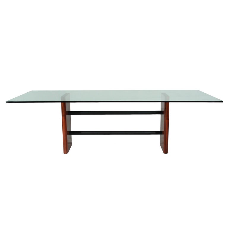 Rosewood and Solid Metal Double-Stretcher Table with Glass Top