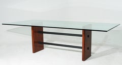 Rosewood and Solid Metal Double-Stretcher Table with Glass Top