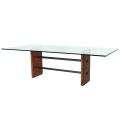 Rosewood and Solid Metal Double-Stretcher Table with Glass Top 3