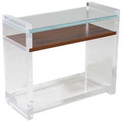 Vintage Lucite Side Table with Glass & Rosewood Shelves