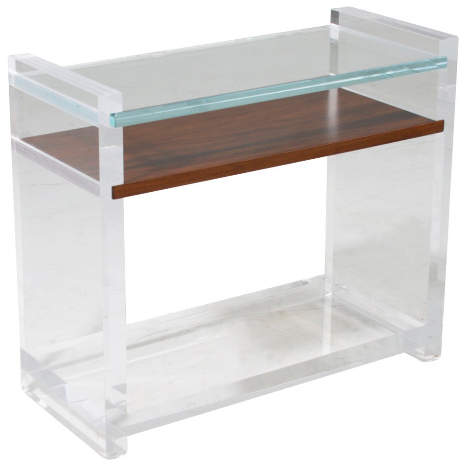 Vintage Lucite Side Table with Glass & Rosewood Shelves For Sale