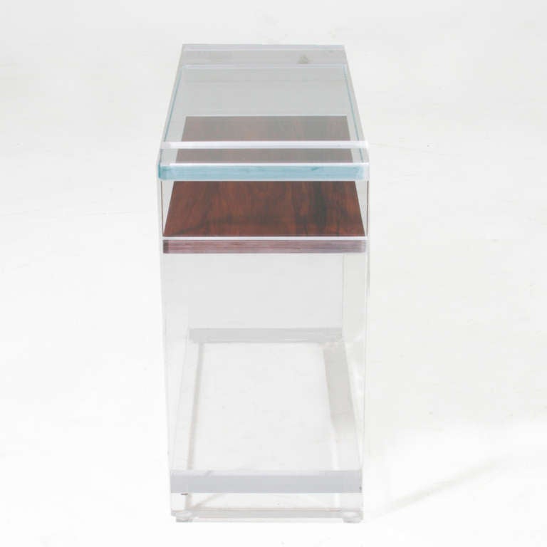 Vintage Lucite Side Table with Glass & Rosewood Shelves For Sale 1