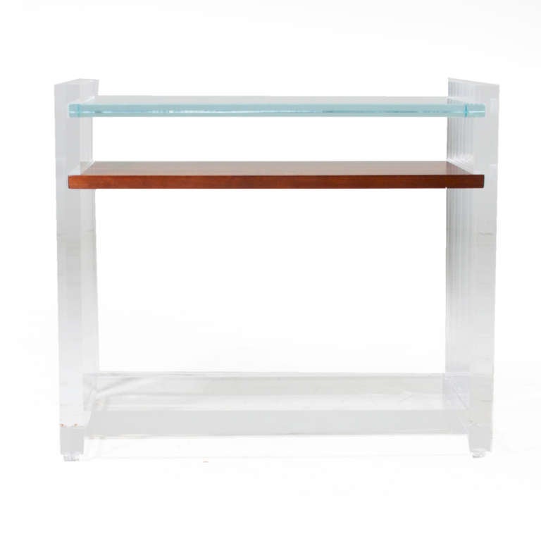 American Vintage Lucite Side Table with Glass & Rosewood Shelves For Sale