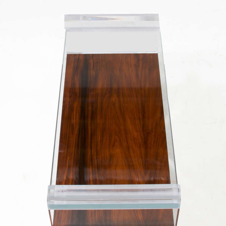 Mid-20th Century Vintage Lucite Side Table with Glass & Rosewood Shelves For Sale