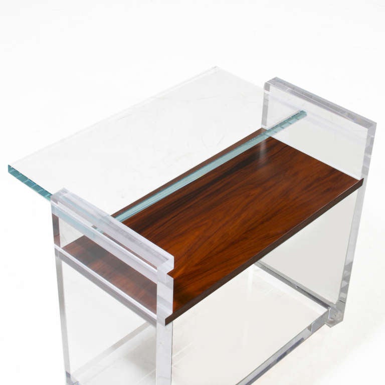 Vintage Lucite Side Table with Glass & Rosewood Shelves In Good Condition For Sale In Los Angeles, CA