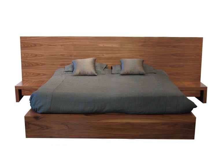 A Queen size Walnut Headboard with attached side tables/night stands, and mattress platform by Thomas Hayes Studio. ENTIRE platform made from 2 inch thick solid walnut.  One piece. Headboard: 45
