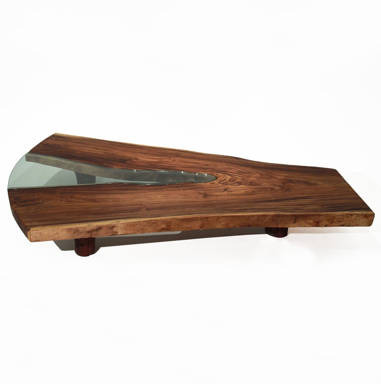 Massive Live Edge Solid Tamboril Slab and Glass Coffee Table For Sale 2