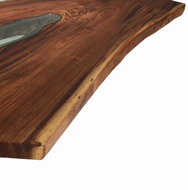 Massive Live Edge Solid Tamboril Slab and Glass Coffee Table In Good Condition For Sale In Los Angeles, CA