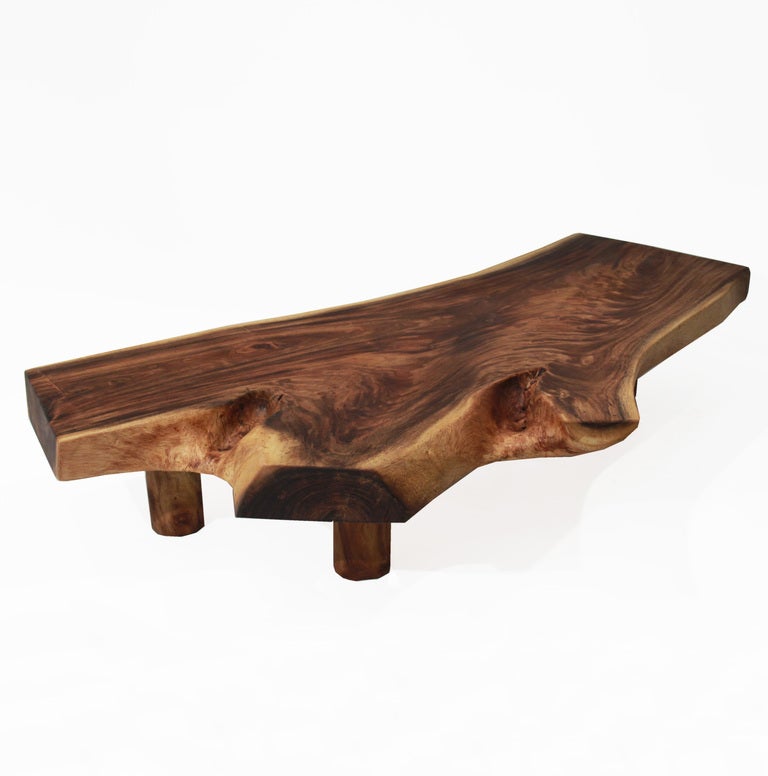 A coffee table by Tunico T. that is a solid slab of Tamboril with highly knotted and figural live edges indicative of the tree's age. On one side the drama is increased by the artist's choice to have the beginning of where the tree splits into