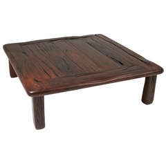 Massive vintage square coffee table made from reclaimed Ipe railroad planks