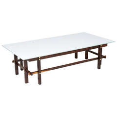 Brazilian Architectural Rosewood coffee table with white glass
