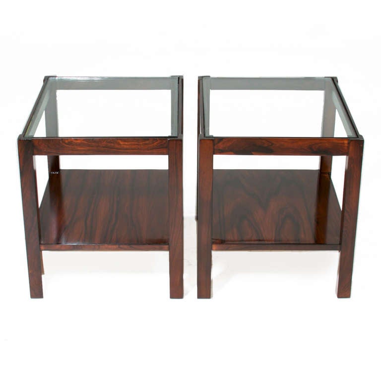 Vintage Brazilian 1960s Jacaranda and Glass Side Tables In Good Condition For Sale In Los Angeles, CA