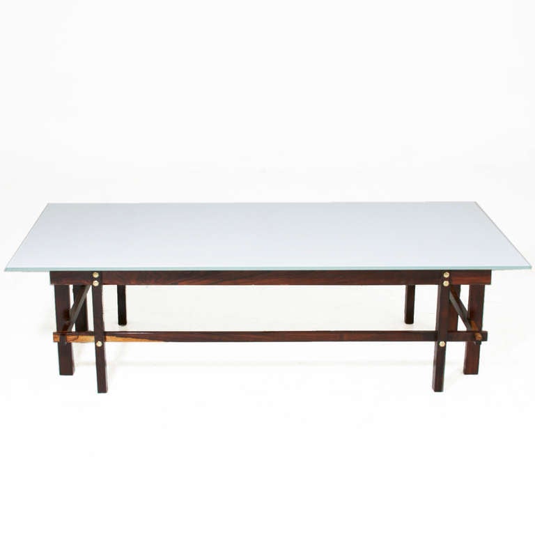 Brazilian Architectural Rosewood coffee table with white glass