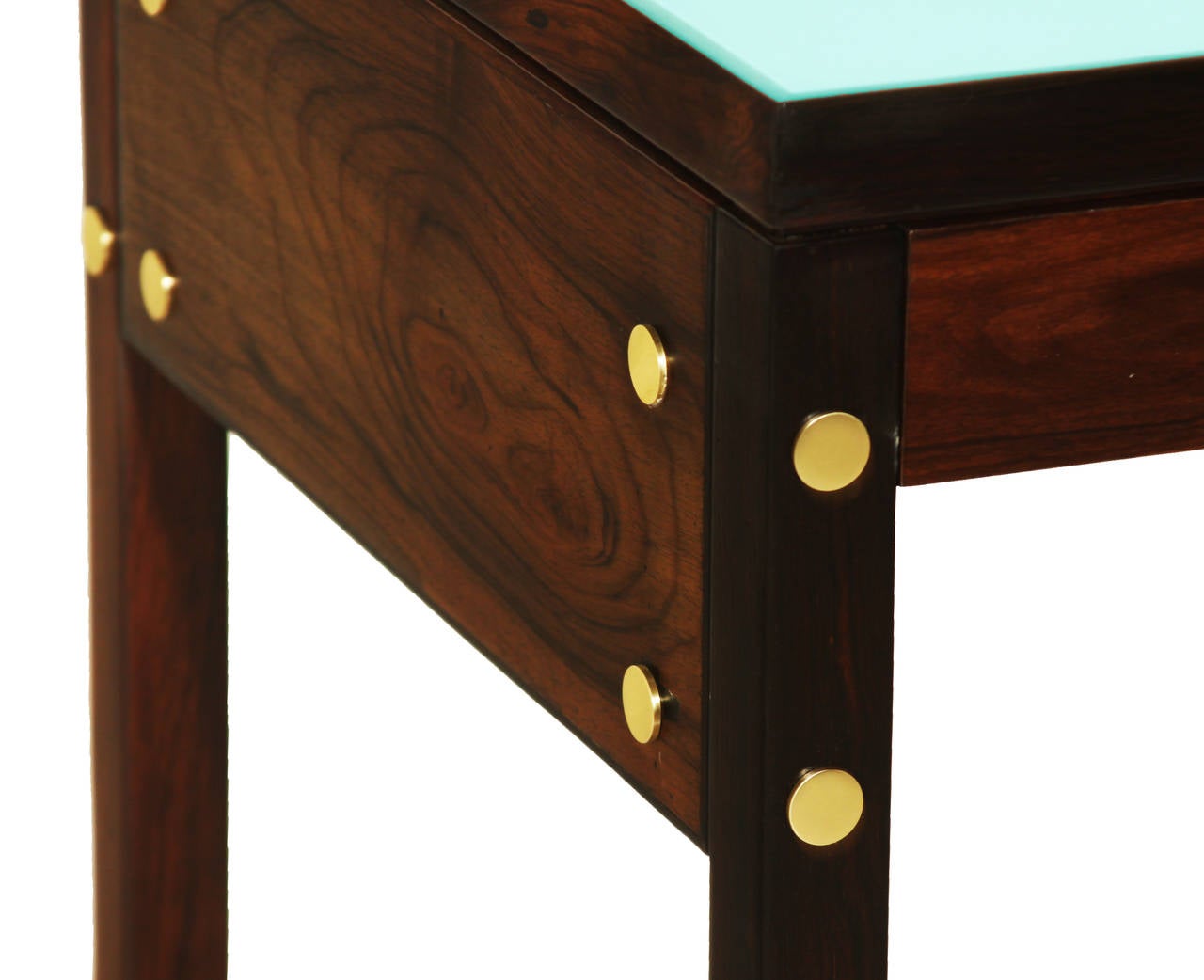 Sergio Rodrigues Brazilian Hardwood Desk with Reverse Painted Glass & Brass For Sale 2