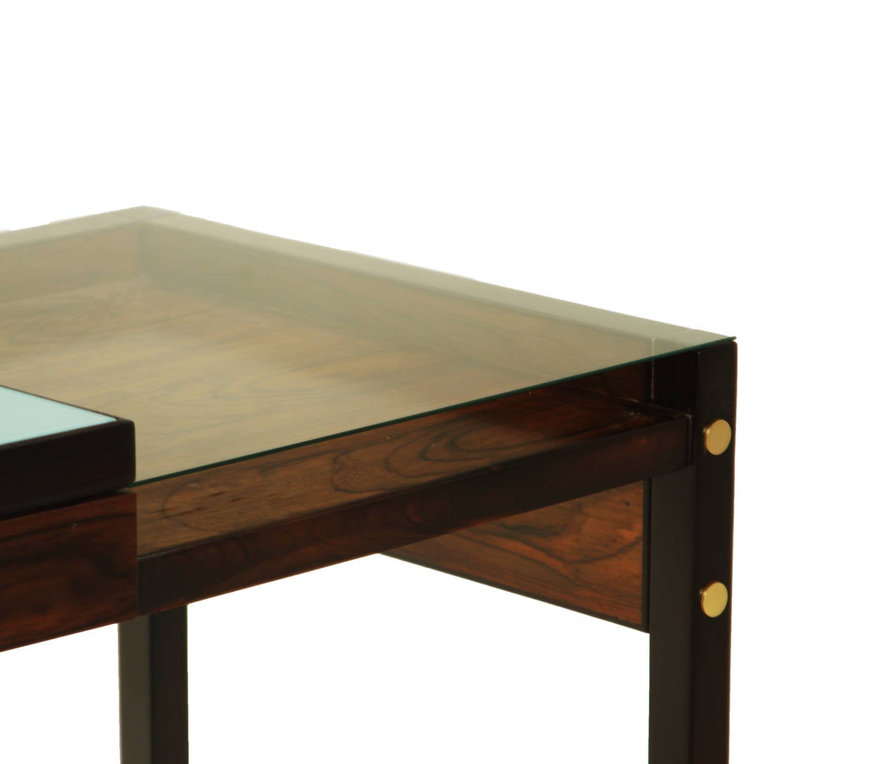 Sergio Rodrigues Brazilian Hardwood Desk with Reverse Painted Glass & Brass For Sale 1