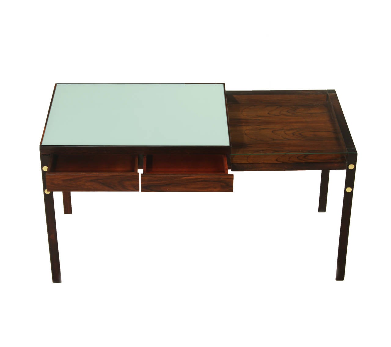 Hand-Crafted Sergio Rodrigues Brazilian Hardwood Desk with Reverse Painted Glass & Brass For Sale
