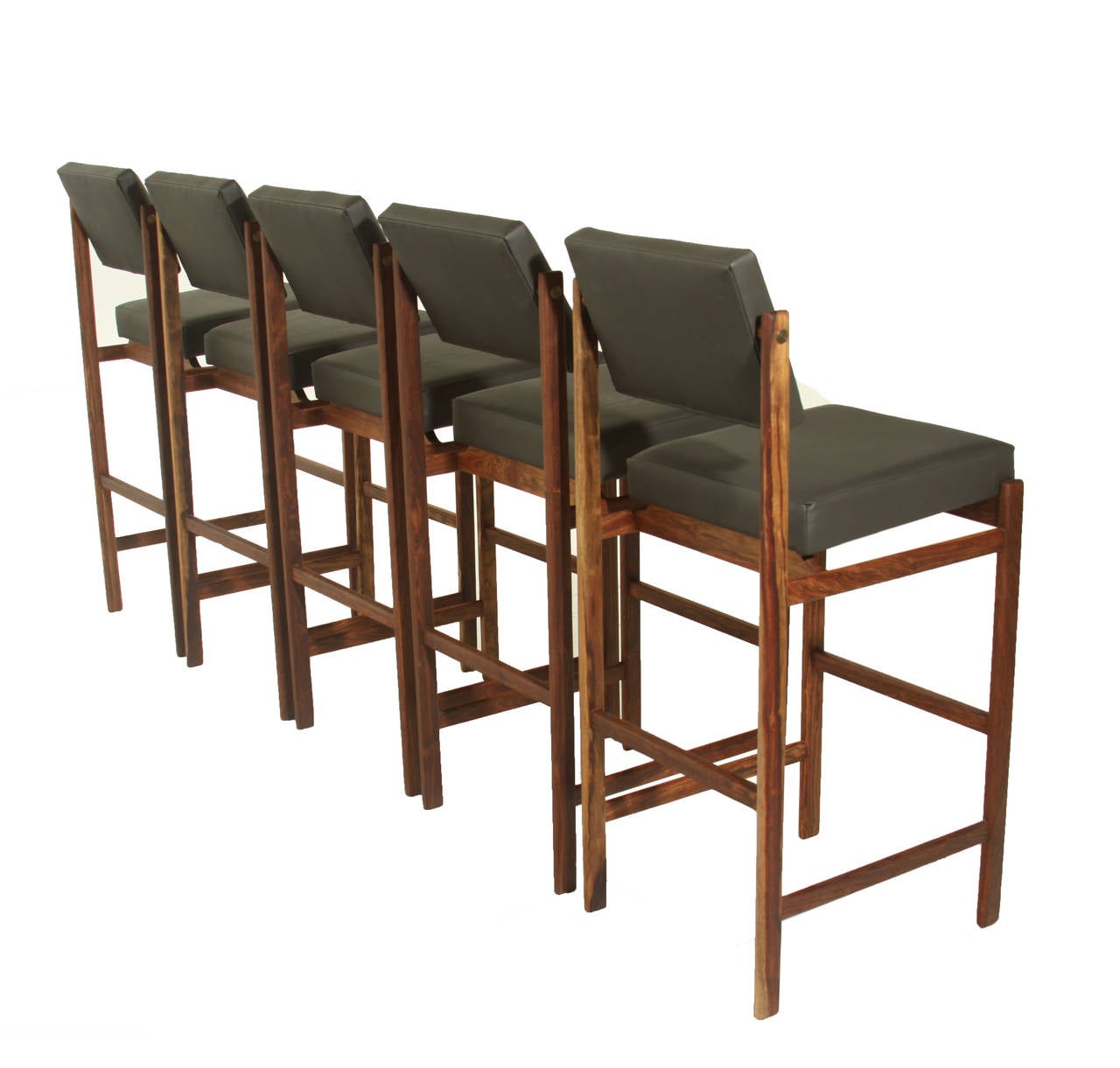 A custom, elegant solid wood framed stool available in a variety of woods and finishes, pivoting back, and upholstered seat by Thomas Hayes Studio. The angle of the back creates good lumbar support. The frames are accented with solid patinated brass