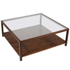 Square Rosewood And Inset Glass Coffee Table by Thomas Hayes Studio