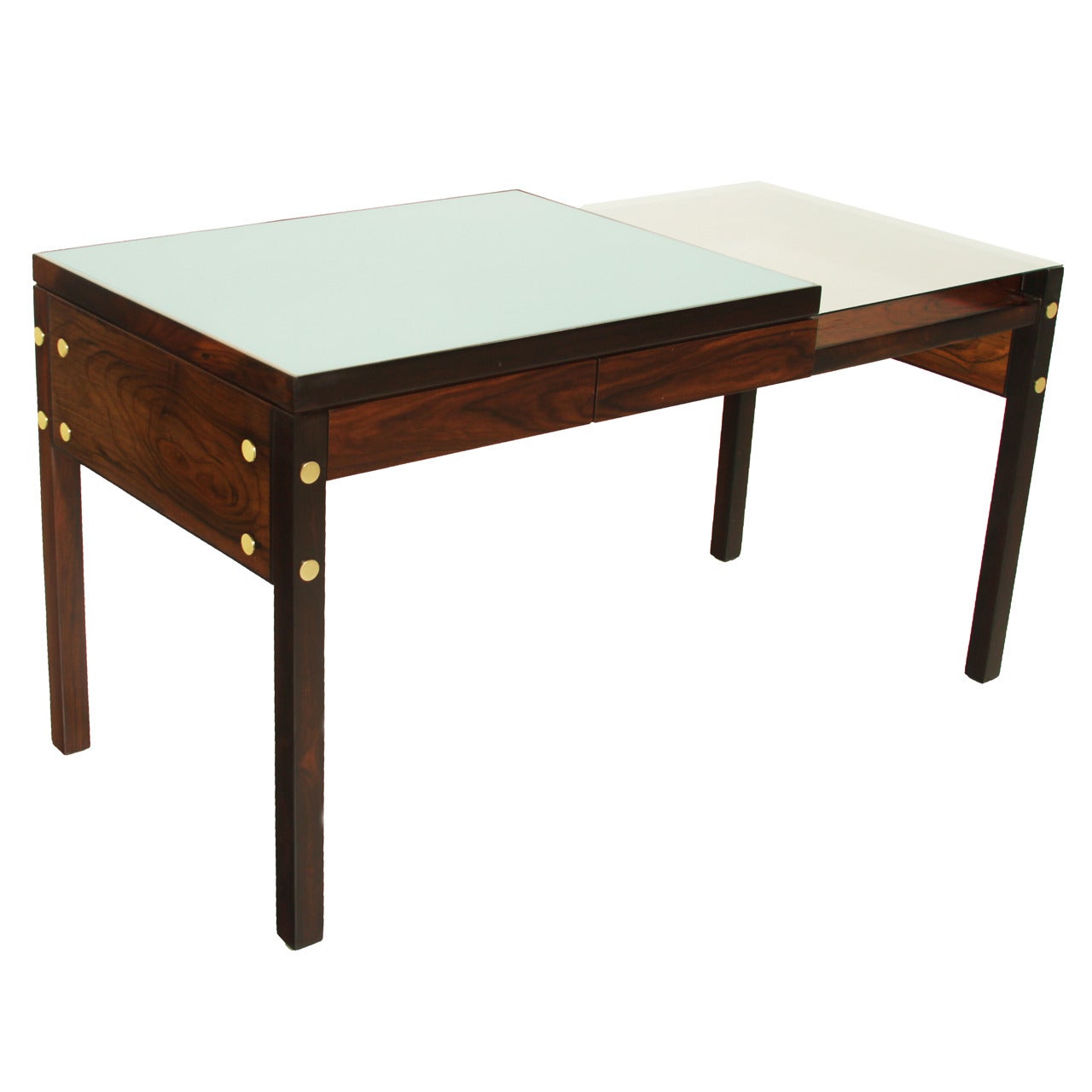 Sergio Rodrigues Brazilian Hardwood Desk with Reverse Painted Glass & Brass For Sale