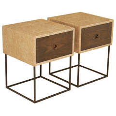 Pair of Night Stands or Side Tables in Walnut and Faux Leather